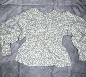 Women Top S Boho Y2K Hippie Prairie Green White Floral Smocking Coquette